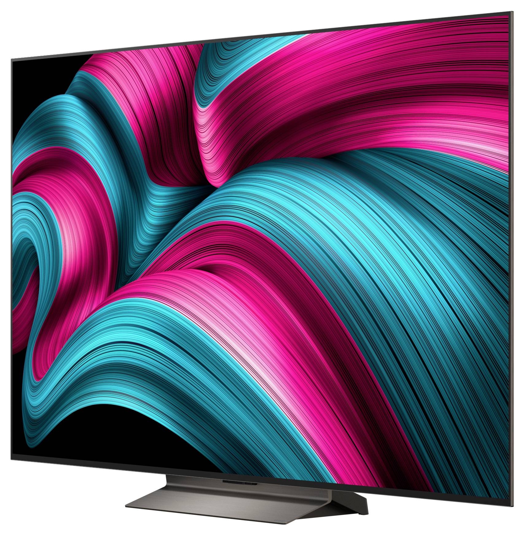Een groot flatscreen-tv-scherm dat levendige, abstracte wervelingen van blauw en roze op een zwarte achtergrond weergeeft, wat een dynamisch visueel effect creëert.
