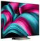 Een moderne flatscreen-tv vertoont een kleurrijk abstract beeld met slingerende roze en turquoise lijnen op een zwarte achtergrond.