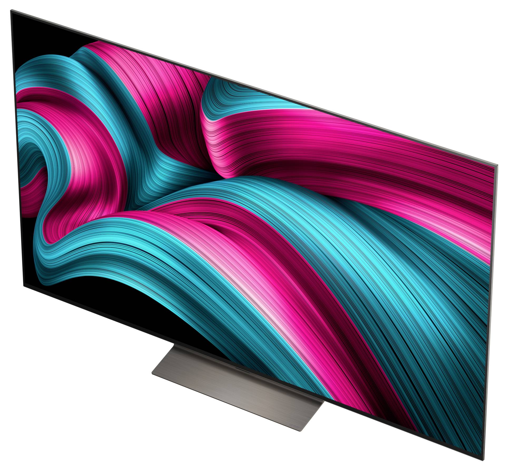 Een strak, modern flatscreen-tv met een kleurrijke abstracte weergave van wervelende roze en groenblauw lijnen op het scherm.