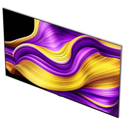 Een flatscreen-televisie waarop abstracte digitale kunst wordt vertoond met slingerende paarse en gele lijnen, die een dynamisch golfeffect creëren.