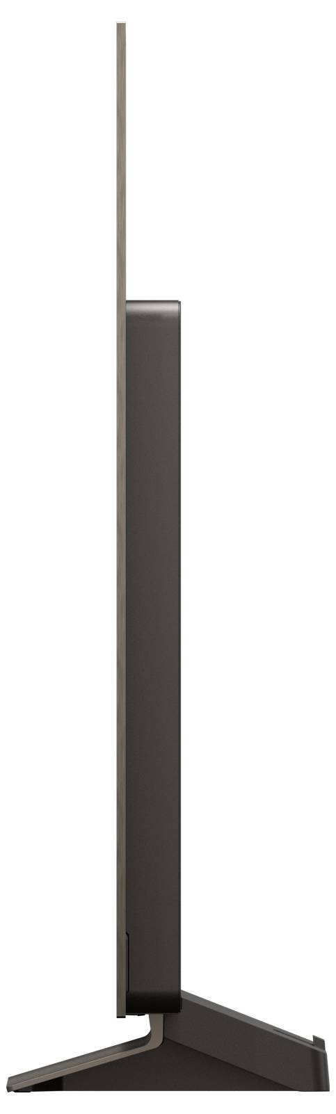 Zijaanzicht van een ultraplatte televisie met een slanke behuizing, waarbij het moderne ontwerp en het strakke profiel worden geaccentueerd door een subtiele, schuin geplaatste standaard.