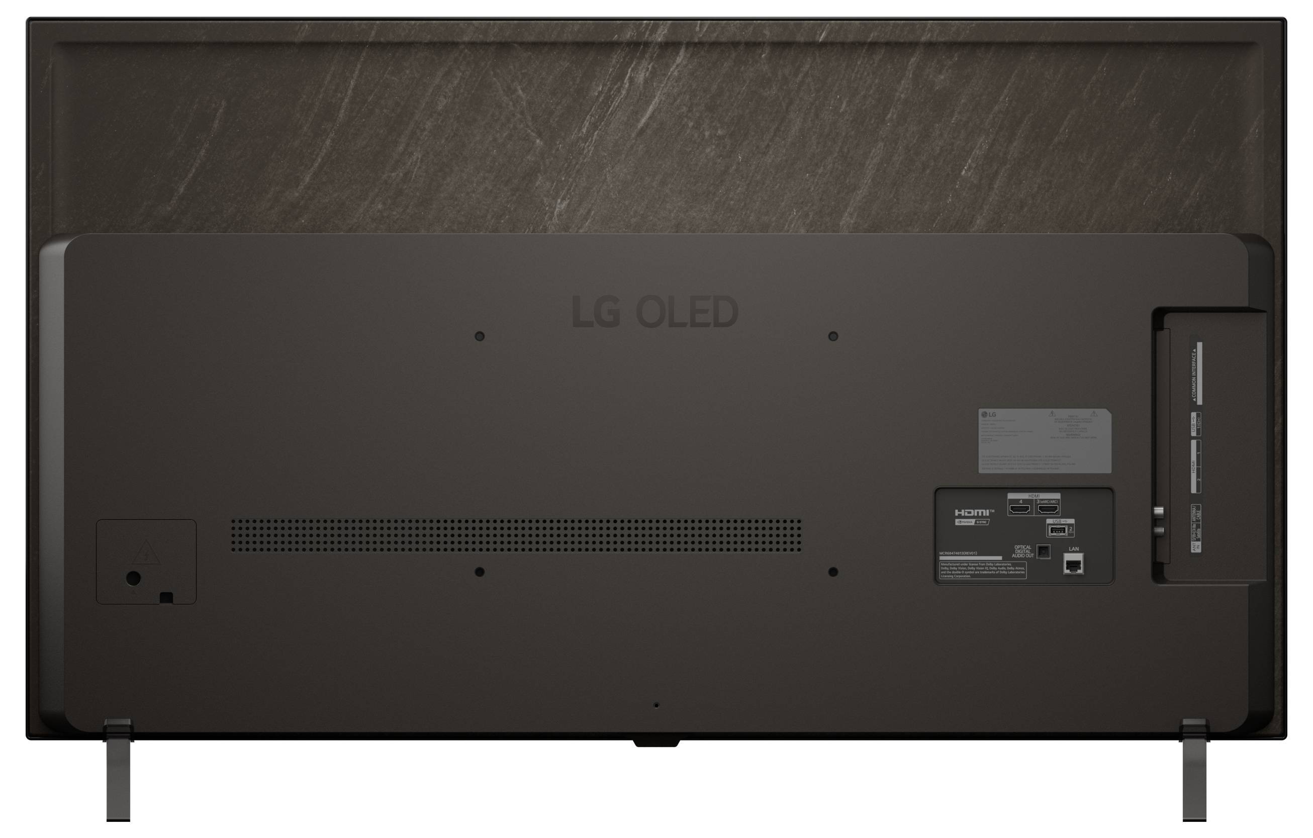 Achteraanzicht van een LG OLED tv met invoerpoorten en kabelbeheersvoorzieningen.