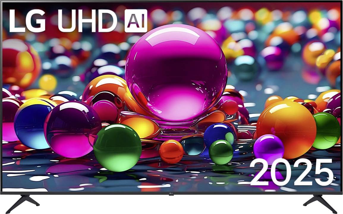 'LG UHD AI 2025' tv, waarop kleurrijke, reflecterende bollen worden weergegeven op het scherm, waarbij de levendige kleuren en strakke vormgeving worden getoond.