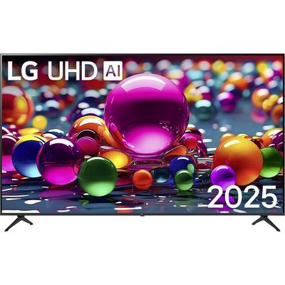 'LG UHD AI 2025' tv, waarop kleurrijke, reflecterende bollen worden weergegeven op het scherm, waarbij de levendige kleuren en strakke vormgeving worden getoond.