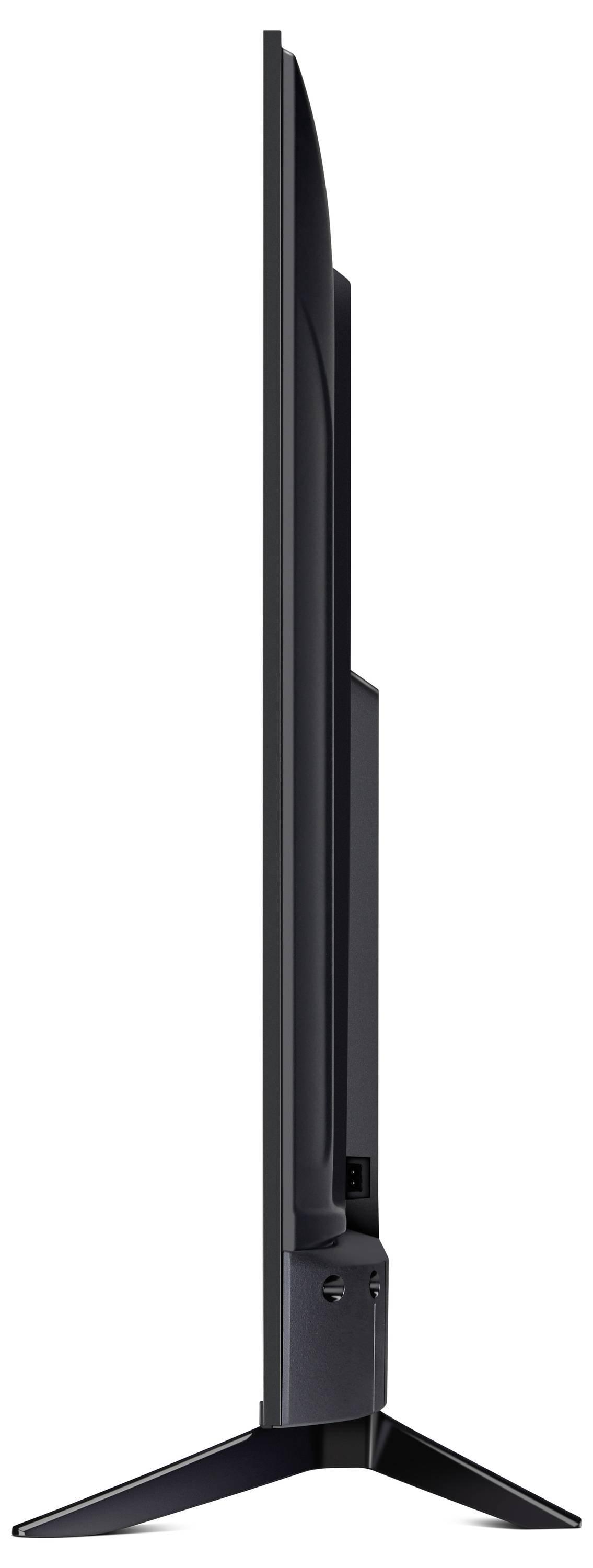 Zijaanzicht van een flatscreen-televisie dat het slanke ontwerp en de standaard laat zien.