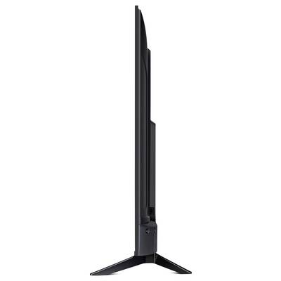 Zijaanzicht van een flatscreen-televisie dat het slanke ontwerp en de standaard laat zien.