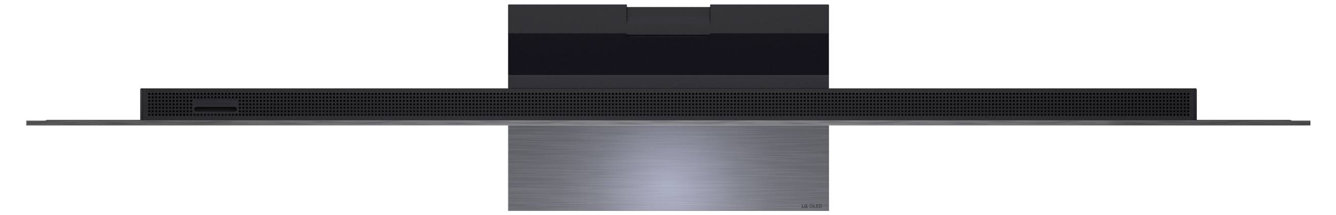 Een strakke, moderne zwarte soundbar met een metaalachtige afwerking wordt van bovenaf getoond, waarbij het slanke en gestroomlijnde ontwerp wordt benadrukt.