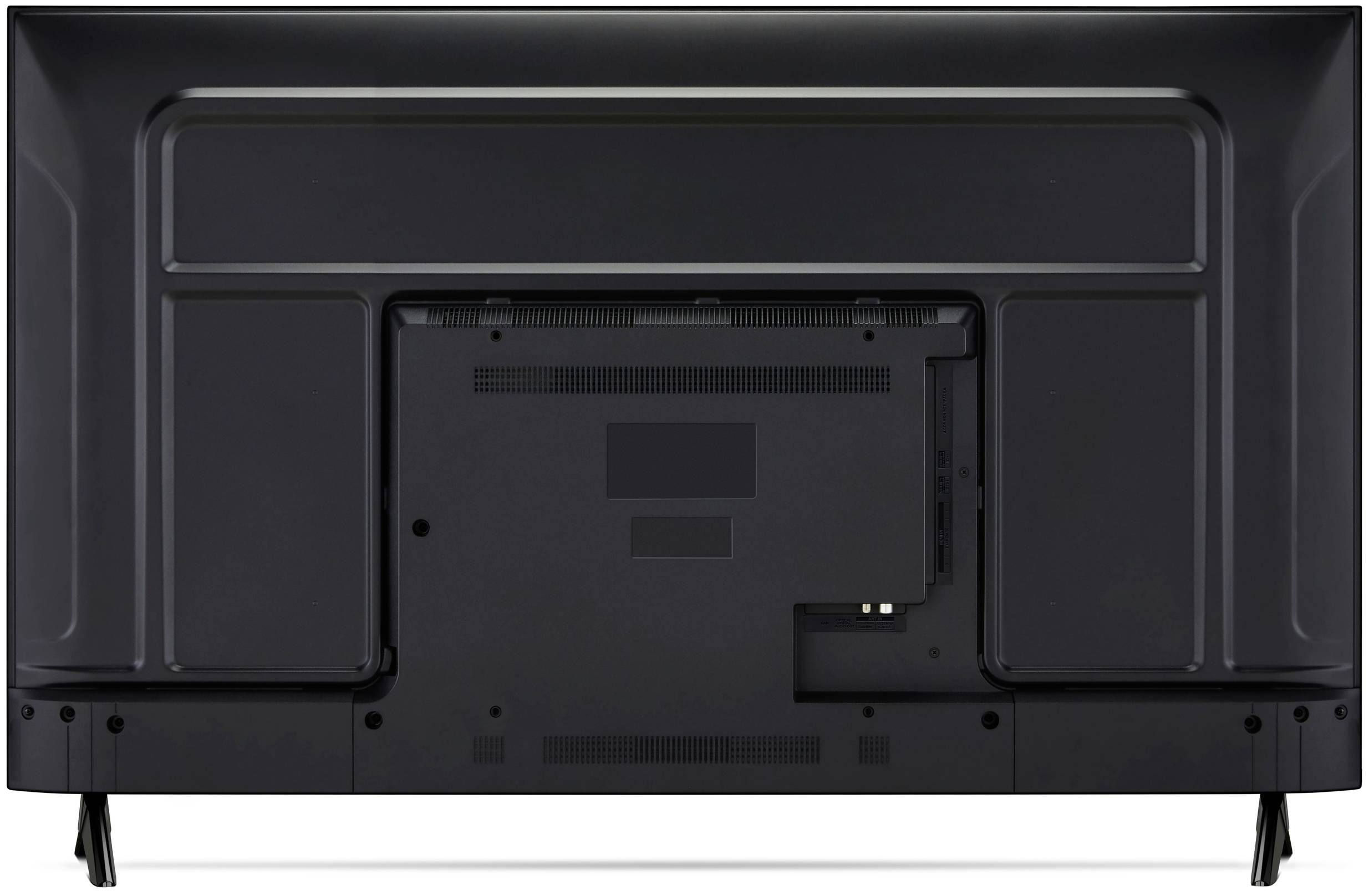 Achteraanzicht van een zwarte flatscreen-televisie met zichtbare invoerpoorten en steunpoten aan beide zijden.