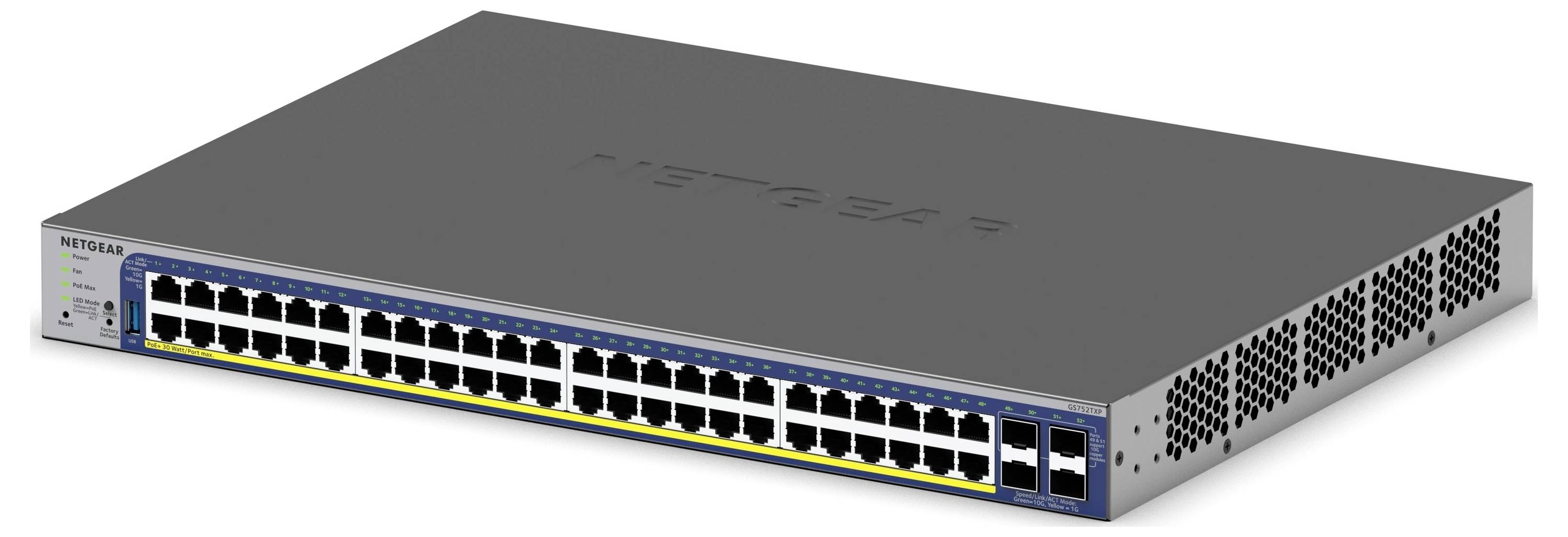 Een NETGEAR-netwerk-switch met 48 Ethernet-poorten in een grijs behuizing. Wordt gebruikt om meerdere apparaten in een netwerk met elkaar te verbinden.
