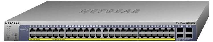 Netgear-netswitch met 48 Ethernet-poorten en meerdere SFP-poorten, model 'ProSafe GS752TP', voor zakelijke netwerkinfrastructuren.