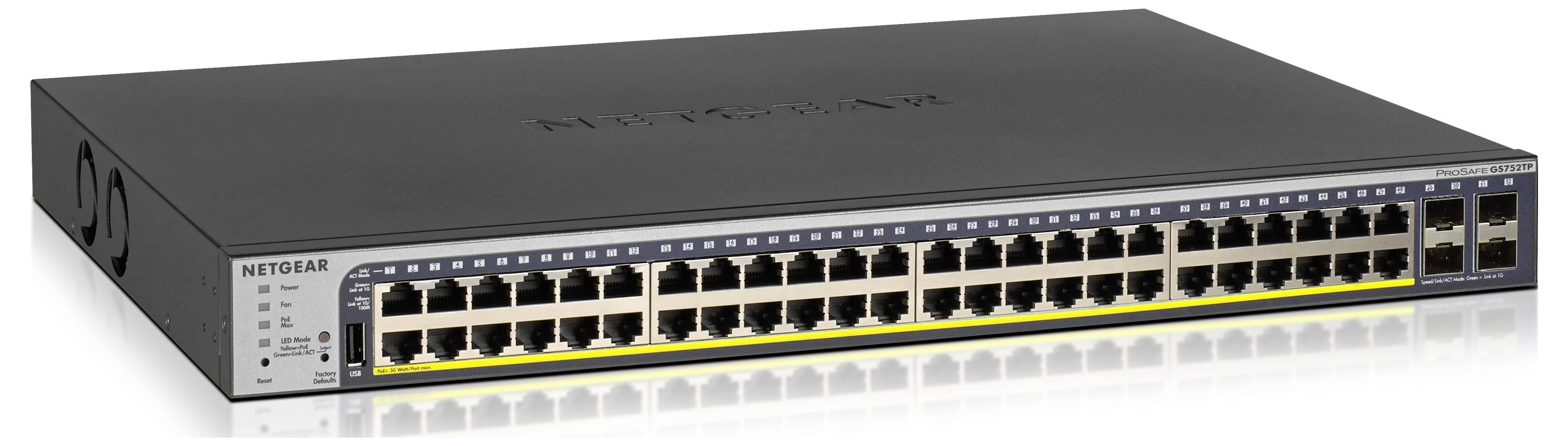 Een zwarte Netgear-netswitch met 48 Ethernet-poorten en twee extra poorten aan de rechterkant.
