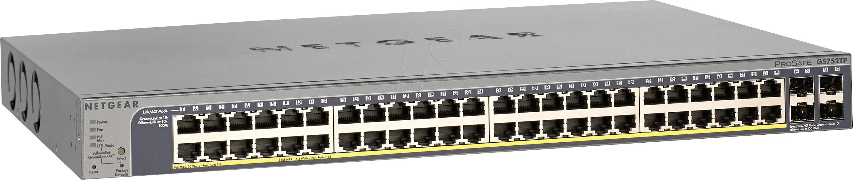 'Netgear ProSafe 52-Poorts Gigabit Smart Switch', een netwerkapparaat met 48 Ethernet-poorten en 4 SFP-poorten, voor het beheren van netwerken.
