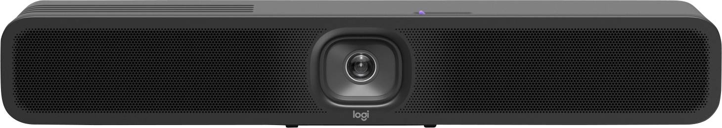 Een zwarte rechthoekige speaker met een centrale cameralens, ontworpen voor videoconferenties, weergegeven tegen een witte achtergrond.