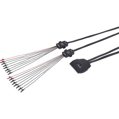 Een kabelsysteem met meerdere zwarte en één rood kabel, dat uitkomt in twee adapterstekkers met opschrift. Voornamelijk bedoeld voor elektronische verbindingen.
