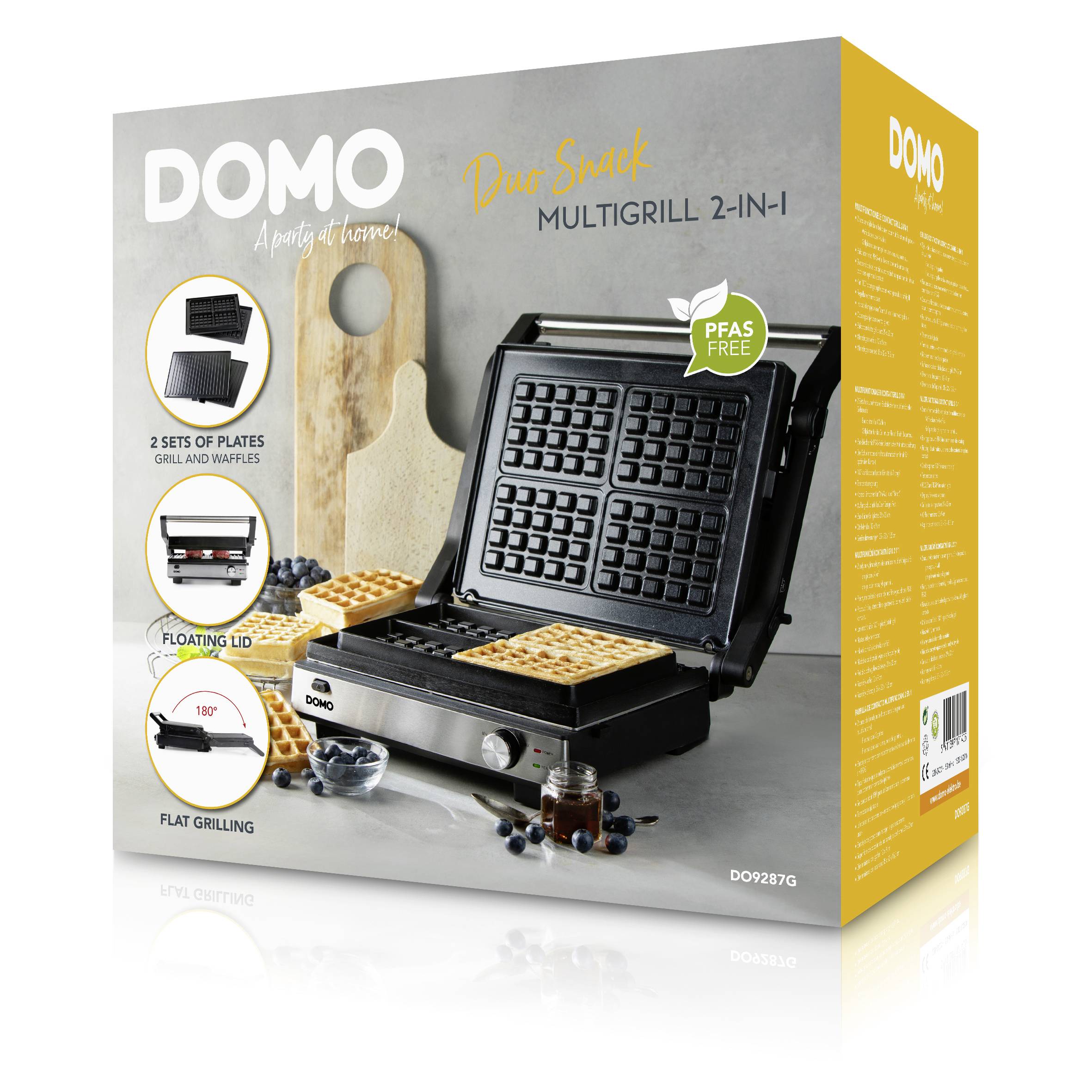 Multifunctionele grill Domo Snack 2-in-1, toont wafels op Belgische platen. Bevat verwisselbare grillplaten en een zwevend deksel.