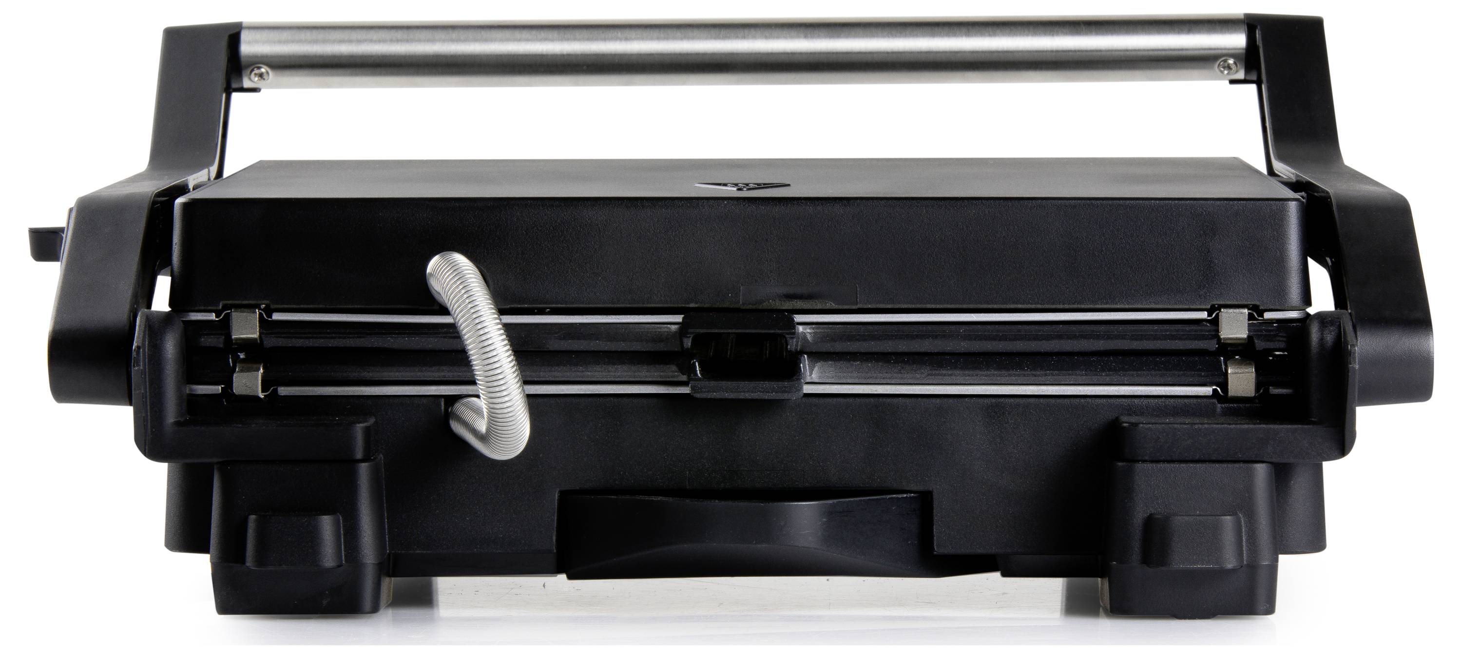 Een gesloten zwarte contactgrill met roestvrij stalen handvat, geschikt voor het grillen van verschillende soorten voedsel in de keuken.