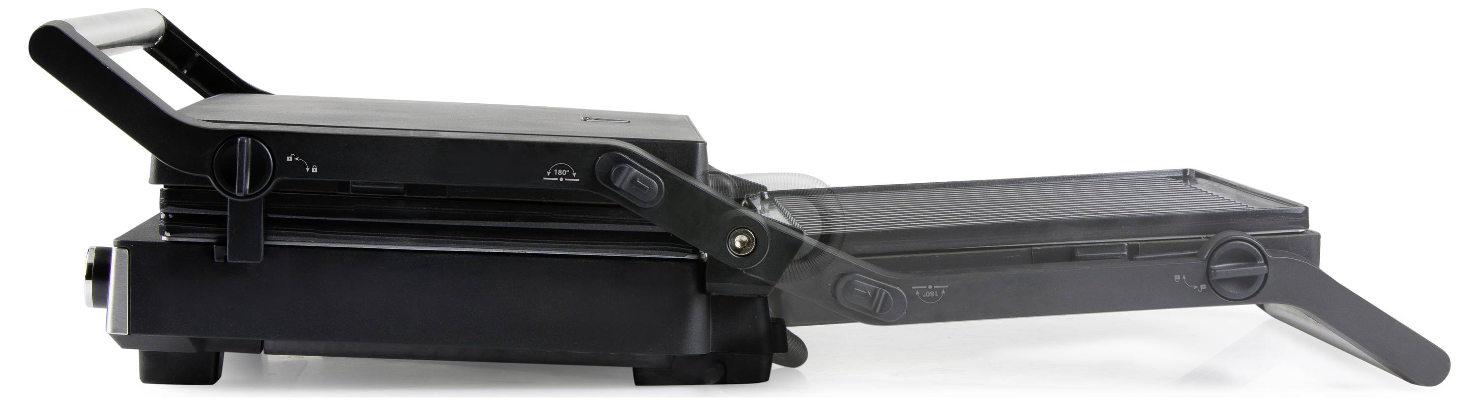 Zwarte contactgrill met geopende platen in zijaanzicht, klaar om voedsel te grillen.