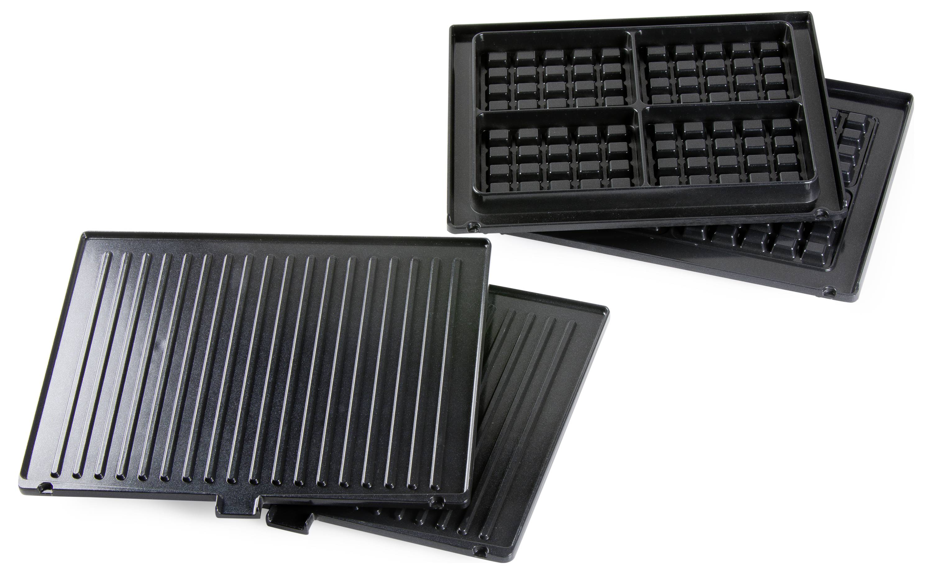 Twee zwarte grillplaten, één met ribbels en één met wafelpatronen, op een witte achtergrond.