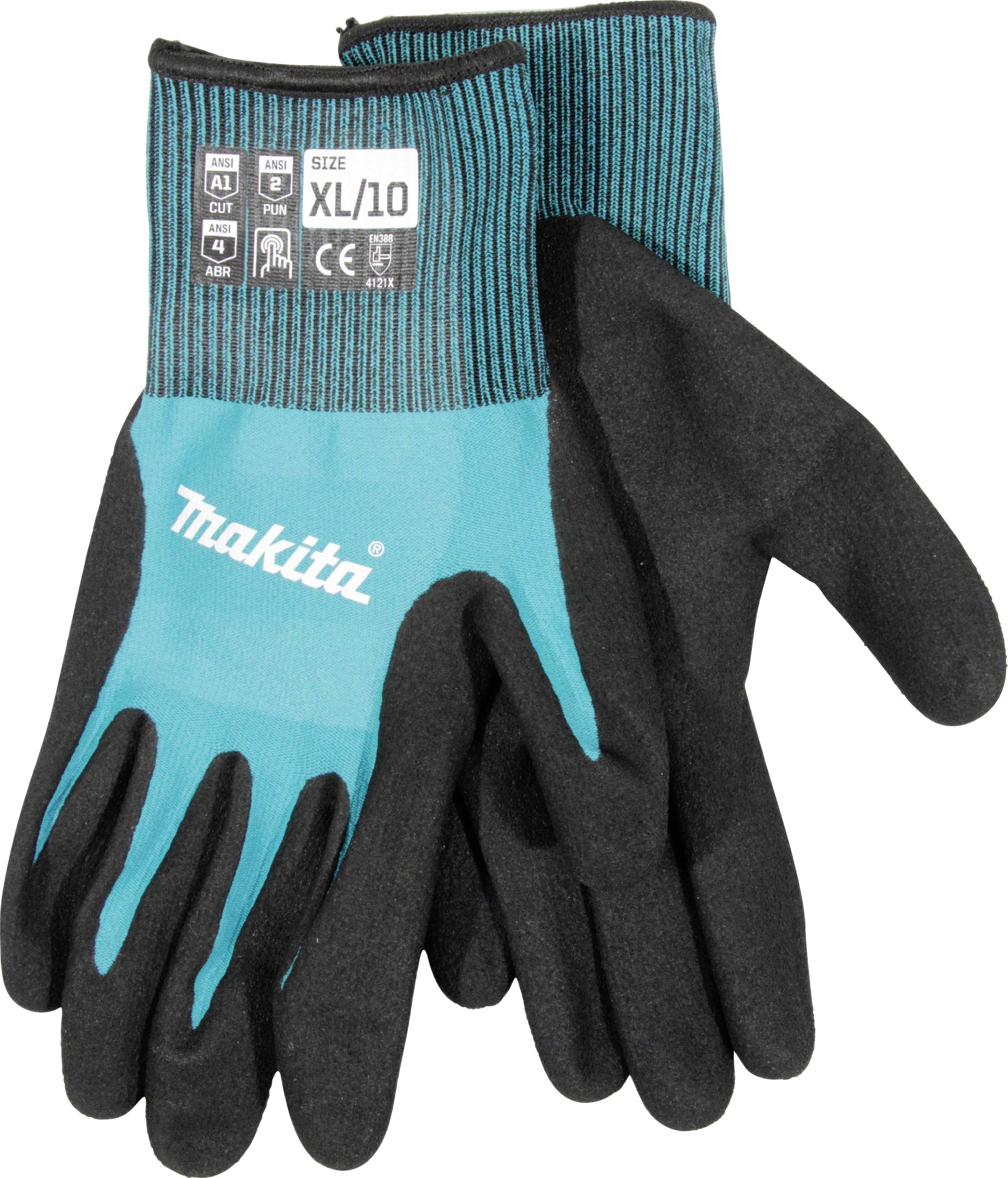 Een paar werkhandschoenen van zwart en turquoise materiaal met het opschrift 'Makita', maat XL/10, en verschillende veiligheidscertificeringen.