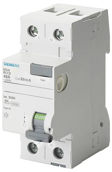 Een Siemens aardlekschakelaar van 40A met 30mA nominale foutstroom. Hij dient ter bescherming tegen elektrische schokken en om kortsluiting te voorkomen.