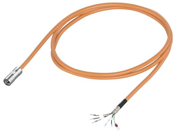 Een oranje kabel met een metalen stekker aan de ene kant en blootliggende draden aan de andere kant.