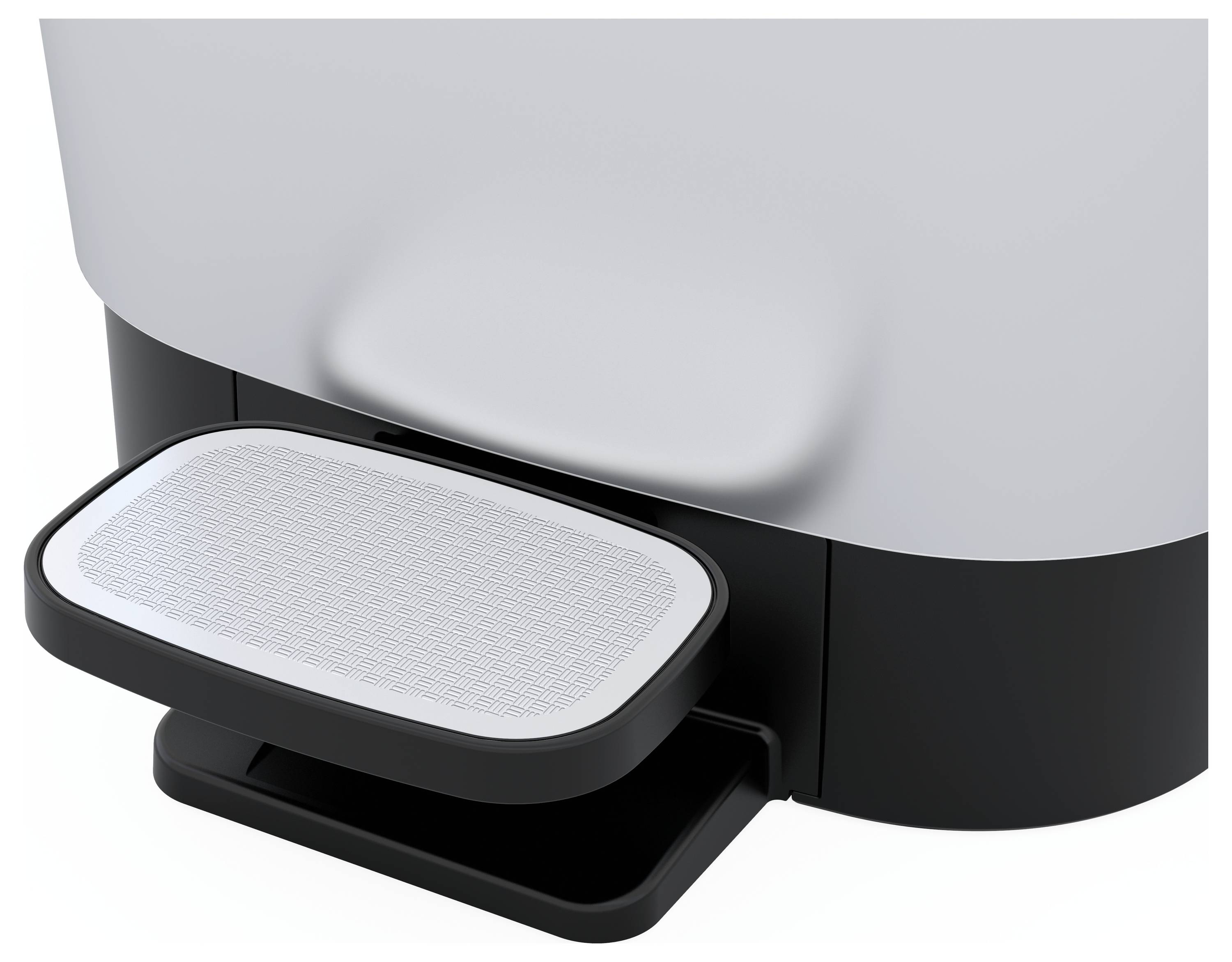 Pedaalemmer met grijze deksel en zwarte bodem. Een voetpedaal maakt handsfree openen mogelijk.