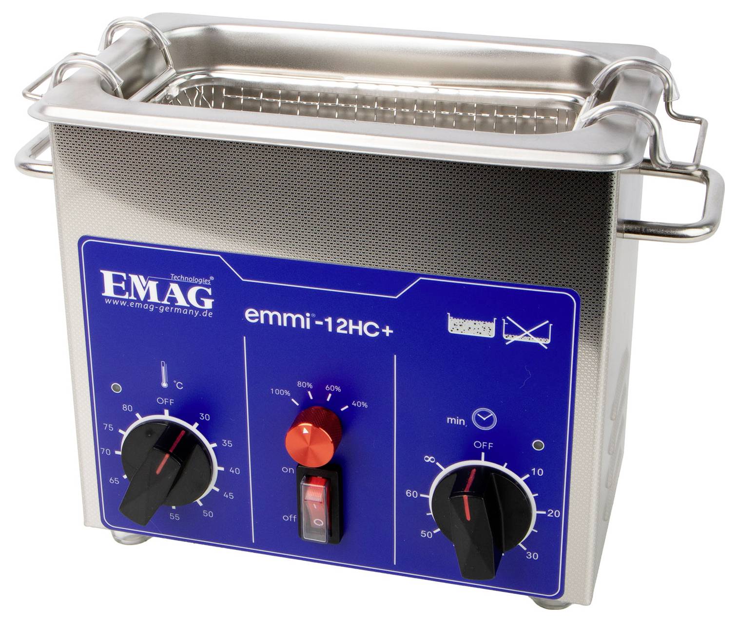 Ultrasoon reinigingsapparaat 'emmi-12HC+' met een blauw bedieningspaneel, twee draaiknoppen en een startknop, gebruikt voor intensieve reiniging.