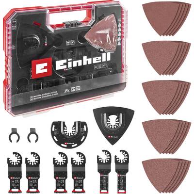 'Einhell' Multitool-accessoireset met schuurpapier en gereedschapsknoppen in kunststofbox. Bevat diverse messen en slijpblokken.