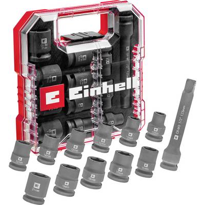 Einhell steekmoersleutelset in rode koffer bevat veeltands dopsleutels in verschillende maten en een lange adapter.