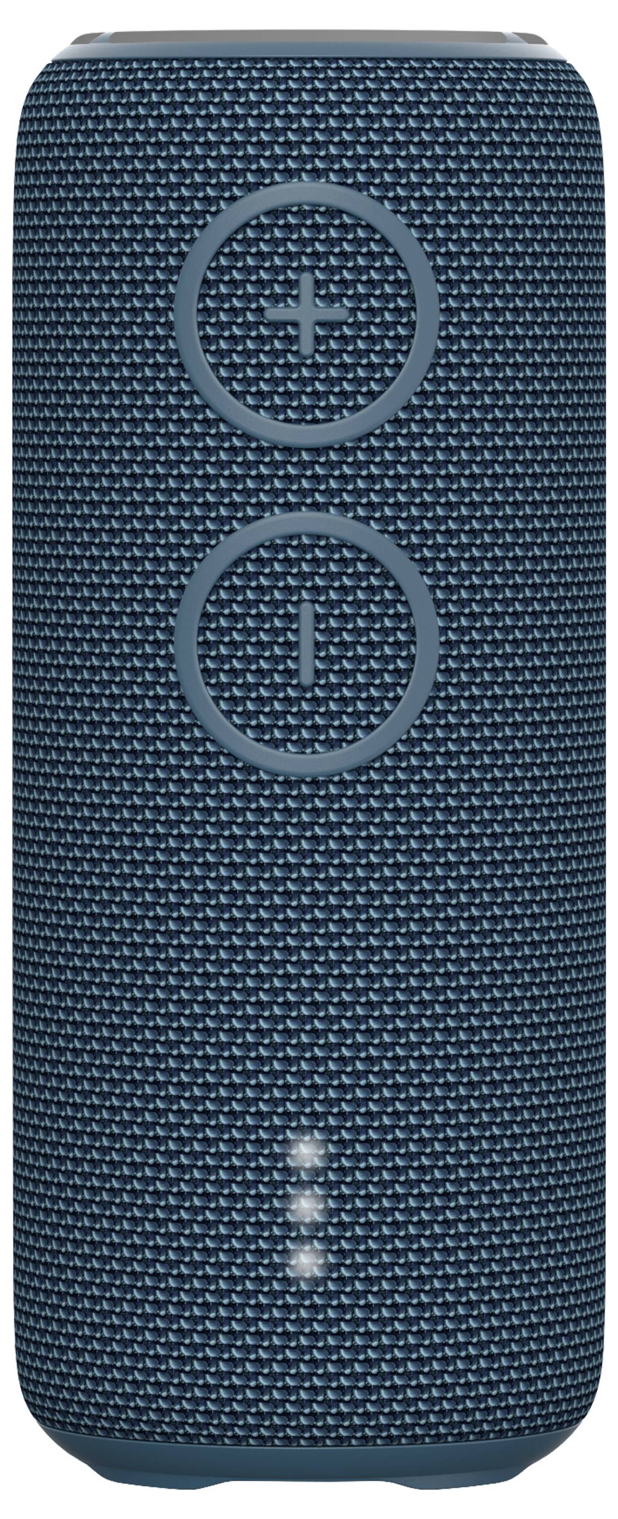 Een draagbare blauwe Bluetooth-luidspreker met plus- en min-toetsen voor volumeregeling aan de voorkant.