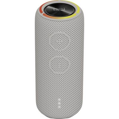 Grijze draagbare luidspreker met verticale volumeknoppen bovenaan en een gekleurde LED-ring.