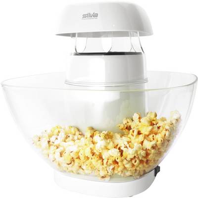 Popcornmachine in het wit met een grote transparante kom, gevuld met vers popcorn.