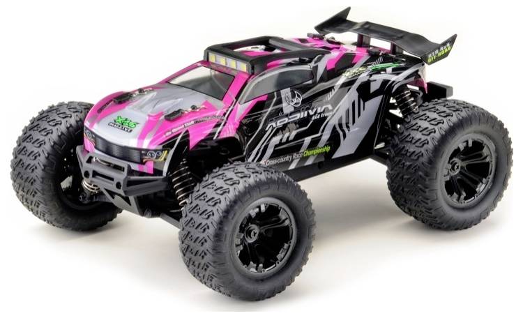 Een roze-zwart gekleurd bestuurbaar modelauto met grote terreinbanden.