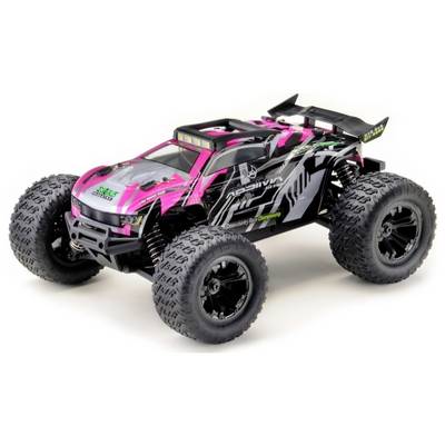 Een roze-zwart gekleurd bestuurbaar modelauto met grote terreinbanden.