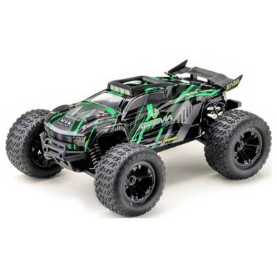 Afstandsbediende auto in zwart en groen met grote terreinbanden en een aerodynamisch ontwerp.