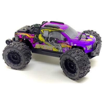 Speelgoed-monstertruck met kleurrijk, grafisch ontwerp in paars, geel en zwart. Grote, robuuste banden, geschikt voor terreinrijden.