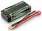 Een zwarte LiPo-accu van Absima met groene opdruk, 5800 mAh, 7,6 V, 140C, met twee rode en zwarte aansluitkabels.