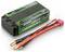 LiPo-accu 6000mAh 7,6V 140C van Absima. Een rechthoekige, zwarte accu met twee rode kabels en een witte aansluiting.