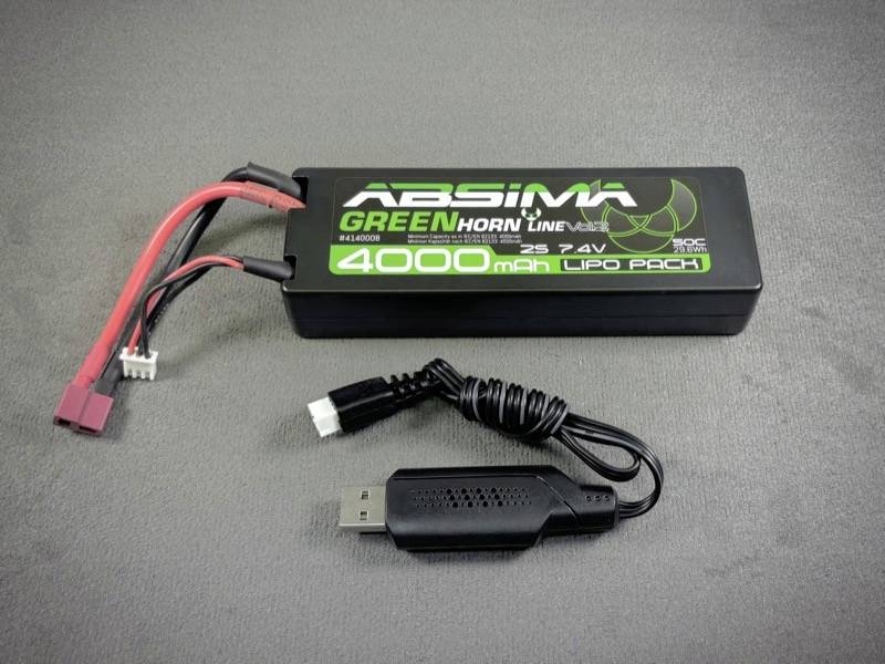 'Absima Green Horn Line' 4000 mAh LiPo-accu met kabels en USB-aansluiting op grijze achtergrond.