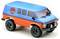 Een speelgoedauto in de vorm van een blauwe en oranje terreinwagen met het 'GULF' logo aan de zijkant.