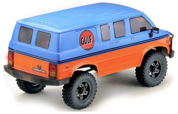 Blauwe en oranje speelgoedtruck met het 'Gulf'-logo aan de zijkant, offroad-ontwerp, grote wielen.