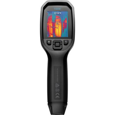Handwarmtebeeldcamera met een kleurrijk thermisch beeld op het display, toont temperatuurverschillen in verschillende kleurschakeringen.
