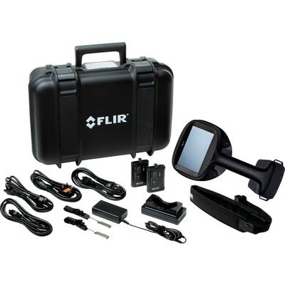 Thermografiecamera-kit met harde koffer, camera, accu's, oplader en kabels.