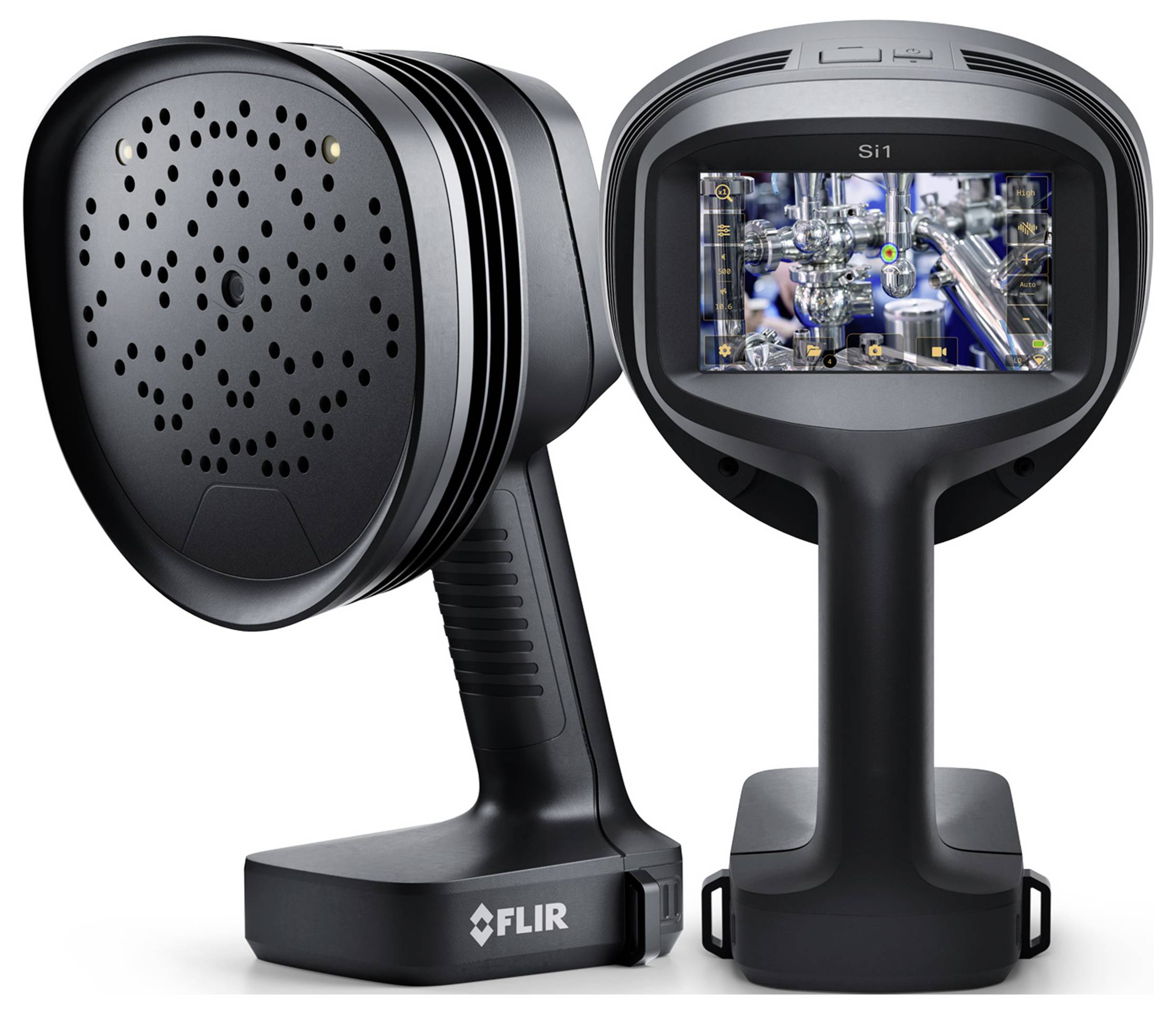 Een draagbaar, zwart-grijs FLIR-apparaat toont industriële details op een display in terugblik. Het lijkt bestemd te zijn voor technische inspecties.