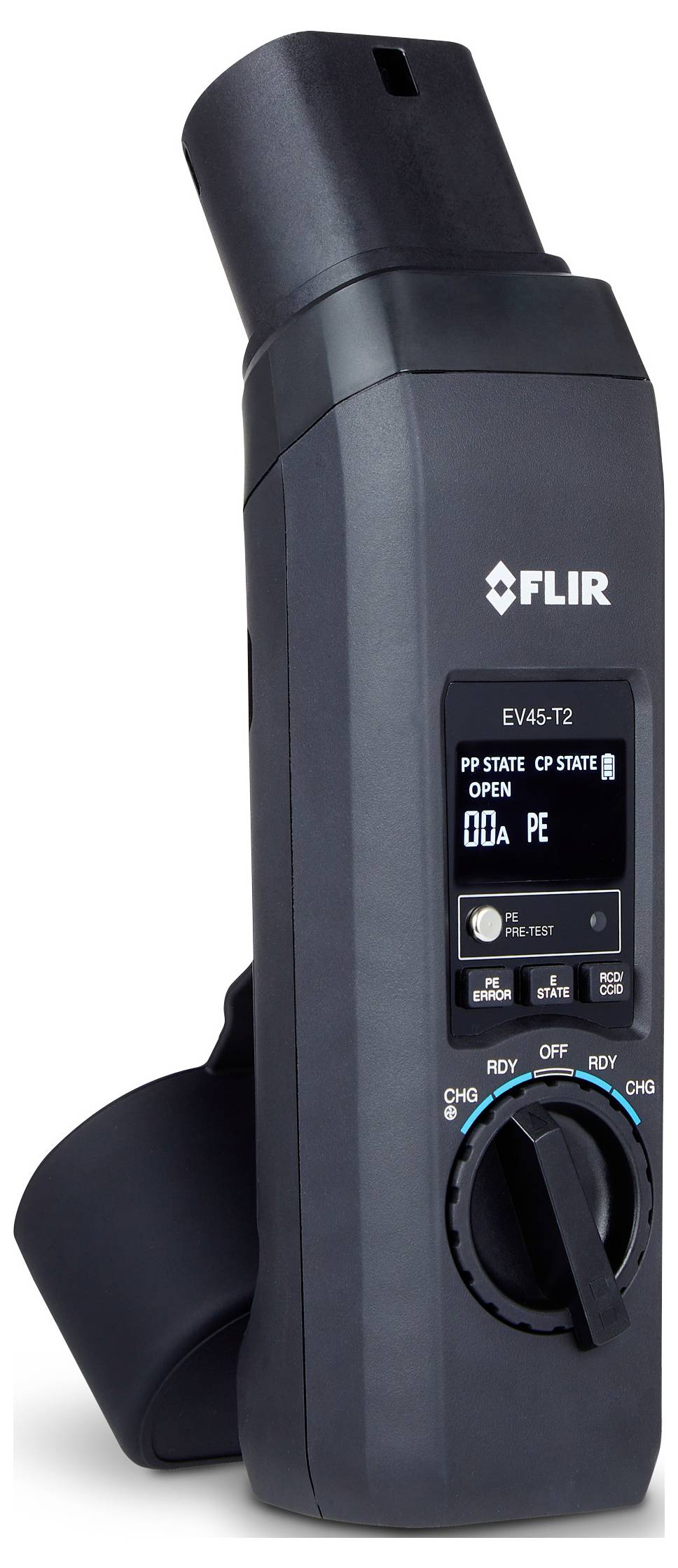 Een zwart, handzaam meetapparaat van FLIR met display en draaiknop. Het toont verschillende bedrijfstoestanden en laadopties.