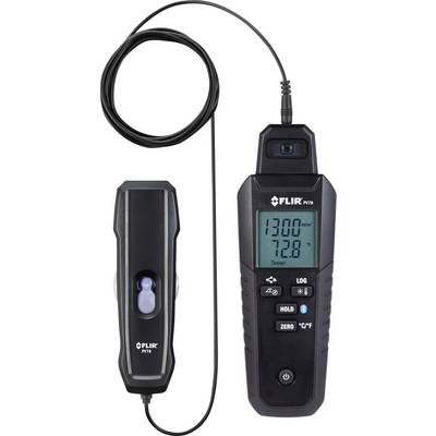 Een digitaal vochtmeetapparaat van het merk, toont meetwaarden op een display. Links de sensor met kabel, rechts het hoofdapparaat.
