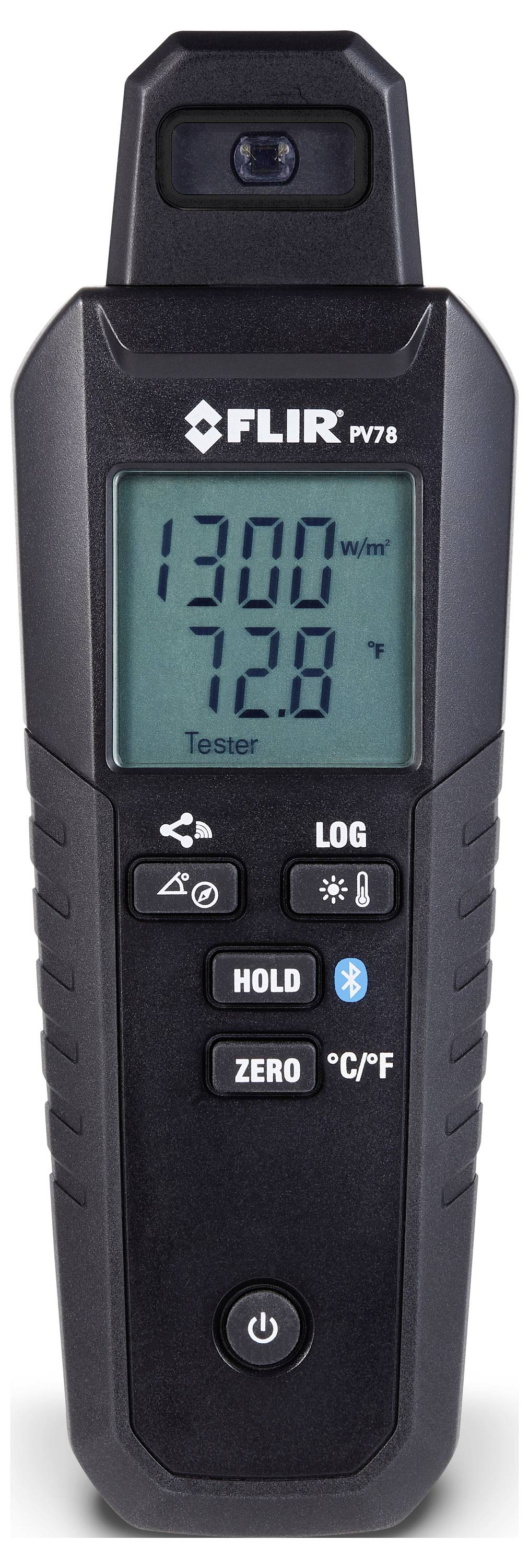 Een digitaal infrarood-thermometer toont op het display de waarden '1300' en '72.8°F'. Het heeft knoppen voor Log, Hold, Zero en °C/°F.