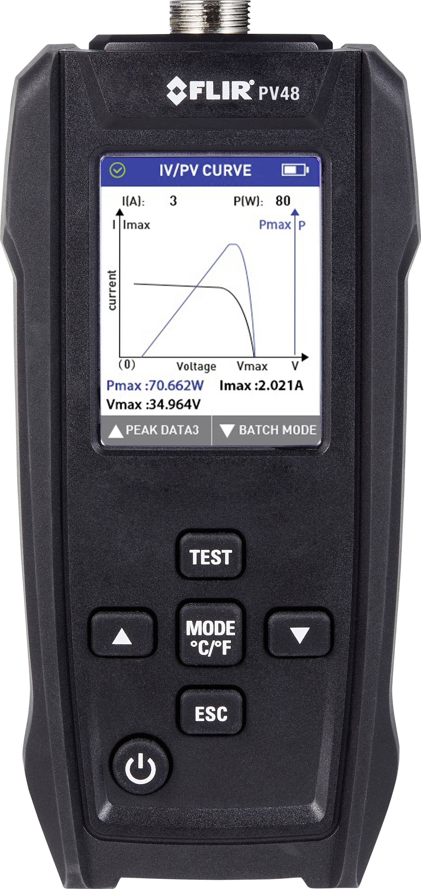 Een draagbaar testapparaat met een scherm dat een I-V/P-V-curve weergeeft om maximale vermogensgegevens te controleren. Bevat test- en insteltasten.