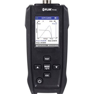 Een draagbaar testapparaat met een scherm dat een I-V/P-V-curve weergeeft om maximale vermogensgegevens te controleren. Bevat test- en insteltasten.
