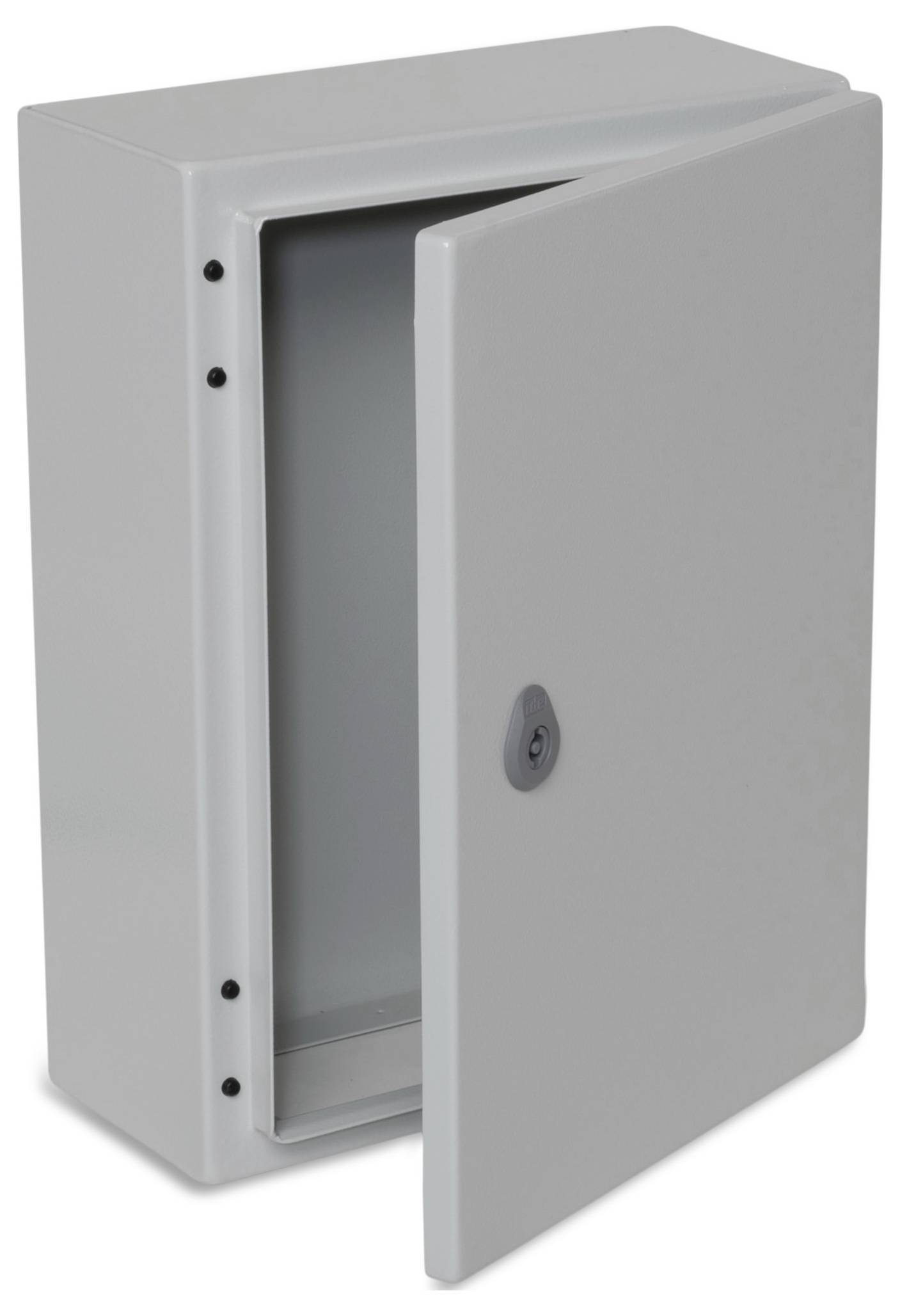 Grijze metalen kast met geopende deur en slot.